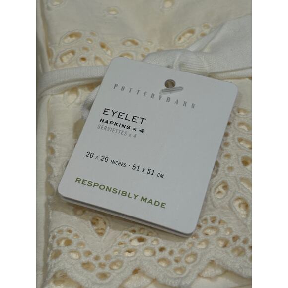 NWT Pottery Barn Set of 4 Beige Eyelet Lace Dinner Cotton Napkins 20" x 20" - Picture 3 of 3